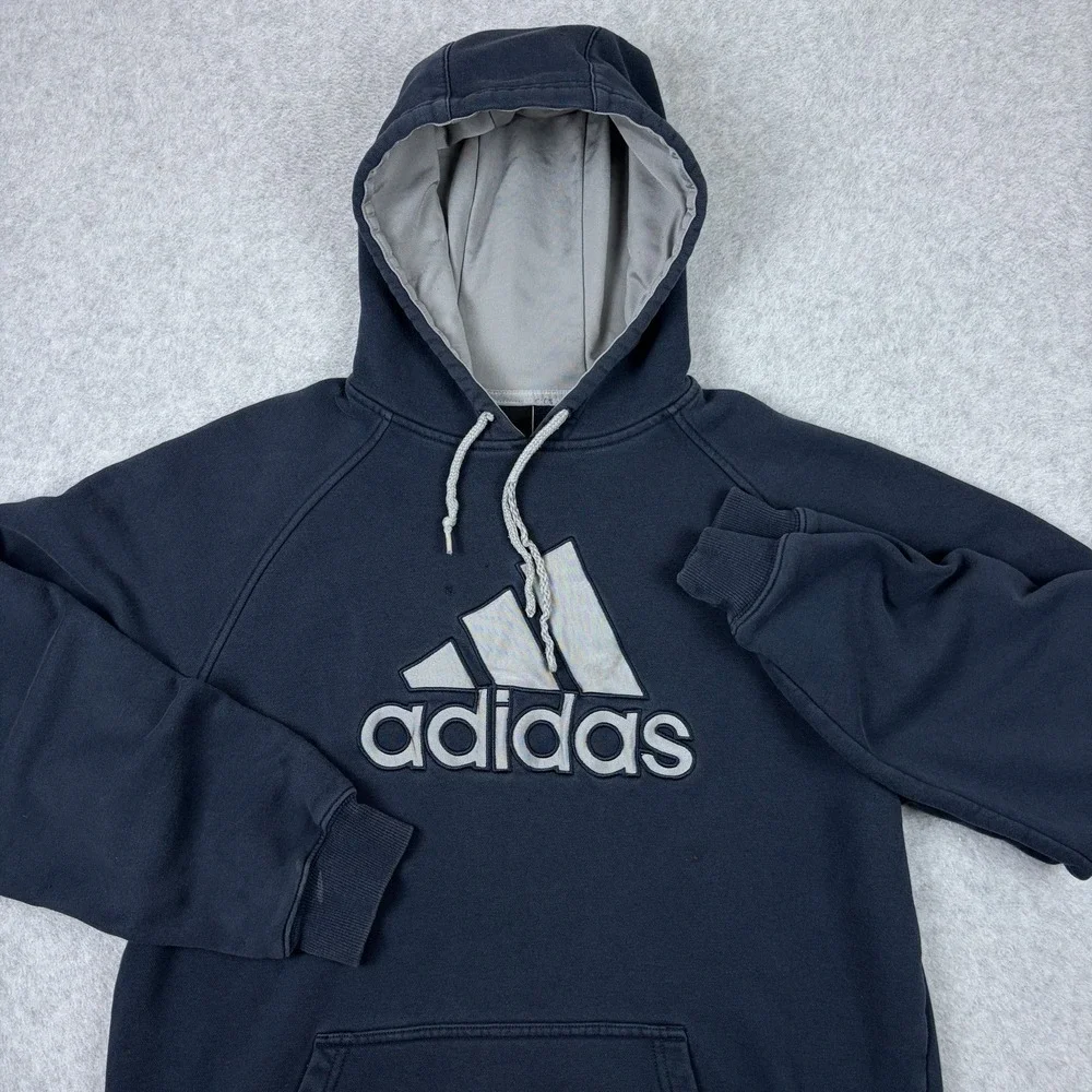 Adidas‎ Hoodie Mens Large Blue Embroidered Logo Distressed Grunge Pullover Y2K